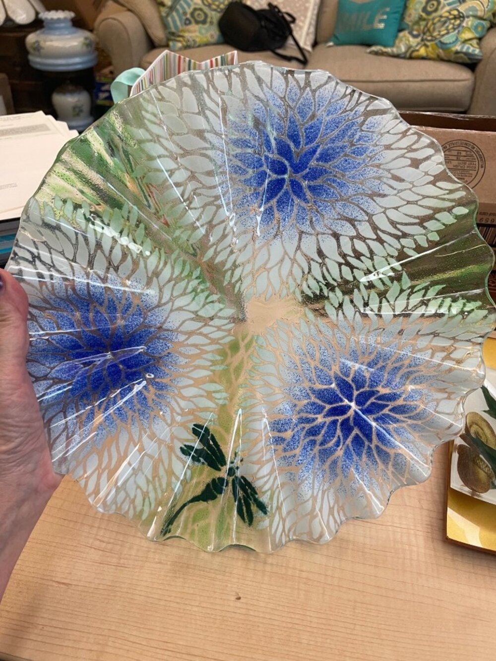 Handcrafted Fused Glass Decorative Plate With Blue Floral Design 12 Inches Scall